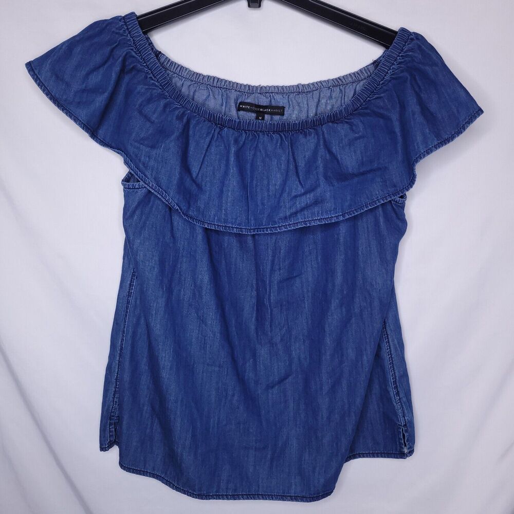 White House Black Market Denim Blue Off-Shoulder Ruffle Short Sleeve Top